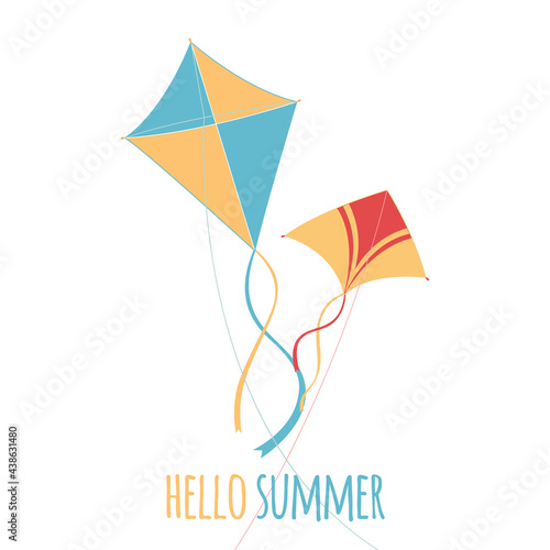 Summer ard with flying kites. Colored kite isolated on white background. Vector hand drawn illustration for your design. Makar Sankranti festival.