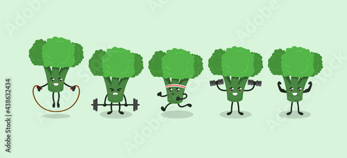 Set of cute broccoli healthy vegetable mascot
