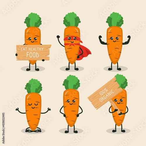 Set of cute carrot healthy vegetable mascot