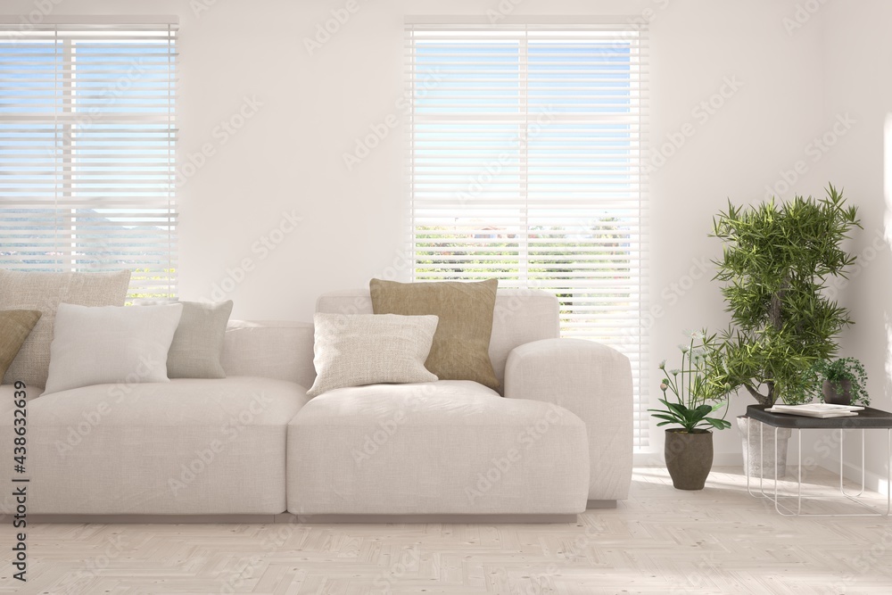 White living room with sofa. Scandinavian interior design. 3D illustration White living room with sofa. Scandinavian interior design. 3D illustration