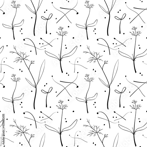 Microgreen sketch vector illustration. Green for home gardening. Seamless pattern with dill and onion sprouts background