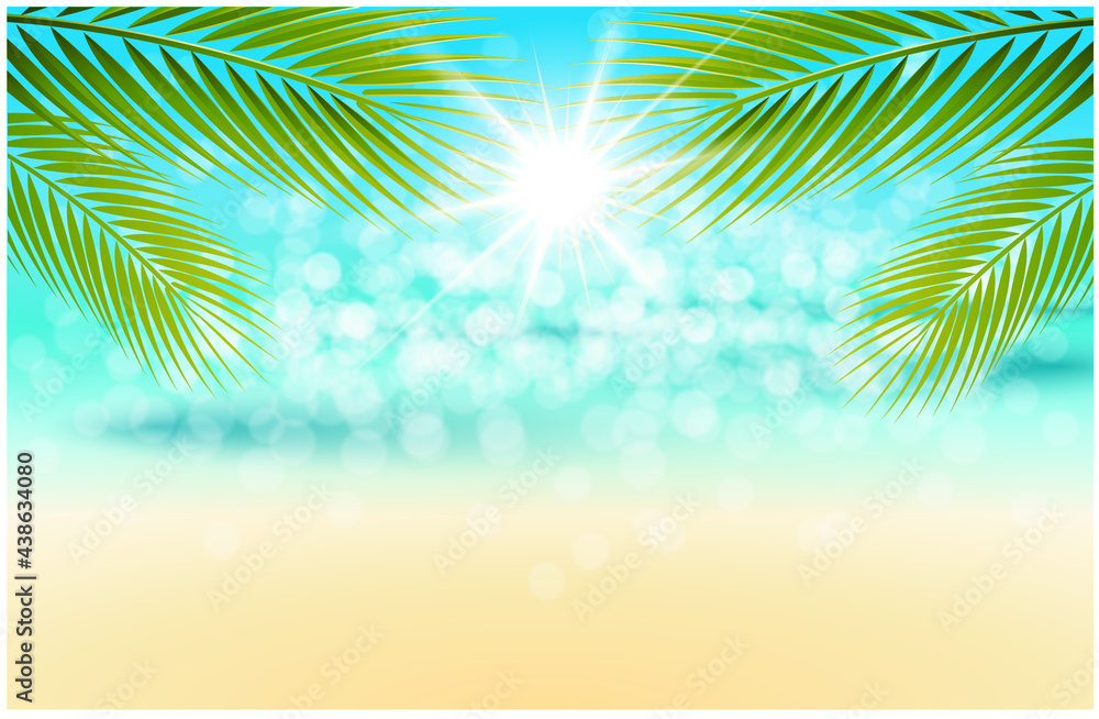 tropical beach background with sparkling bokeh lights, sunshine and palm trees