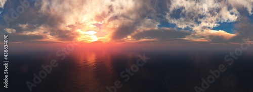 Sea sunset panorama, ocean sunrise, the sun among the clouds above the water, 3D rendering