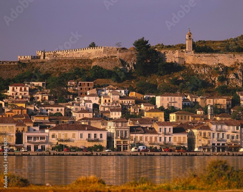 greece, peloponnese, nauplion, city view, europe, navplion, shore, sea, town, houses, dwellings, building, castle, fortress, fortification, castle wall, sight, morning light, 