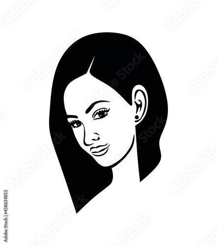 Beautiful girl woman vector portrait profile head face black silhouette,bob hair haircut hairstyle.Fashion logo lady stencil drawing illustration.Laser plotter cutting.Beauty vinyl wall sticker decal.