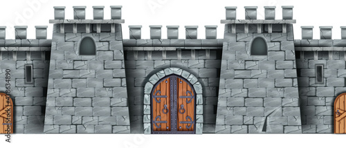 Stone castle wall seamless background, medieval Greek tower game illustration, vintage wooden city gate. Gray fortress front view isolated on white. Citadel architecture stone wall vector texture