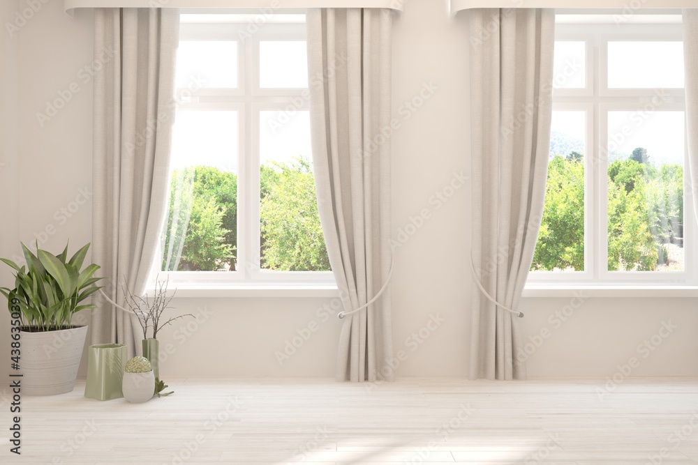 Fototapeta premium White empty room with summer landscape in window. Scandinavian interior design. 3D illustration