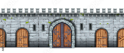 Vector stone castle wall seamless background, medieval brick palace fortification texture, wooden city gate. Ancient fortress game illustration, entrance arch, door, loophole. Castle wall front view