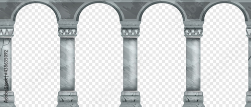 Ancient stone arch seamless border, marble vector Greek palace pillars on transparent background. Old classic architecture illustration, roman column facade, entrance frame. Vintage arcade, stone arch