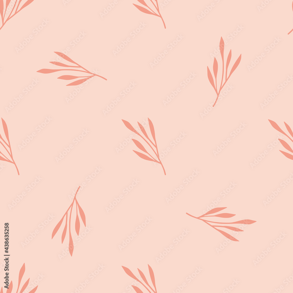Minimalistic style seamless pattern with abstract leaf branches shapes. Pink light background.