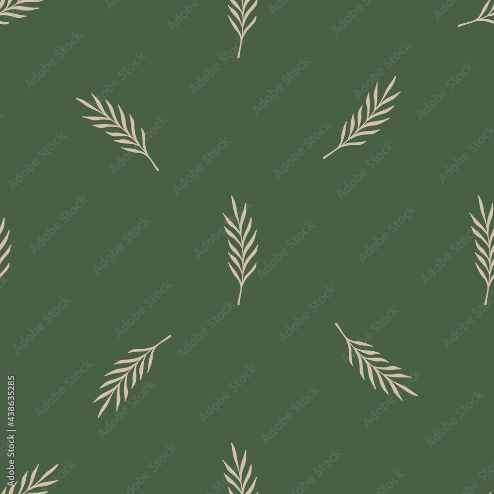 Vintage seamless pattern with botanic hand drawn leaf branches grey shapes. Green pale background.