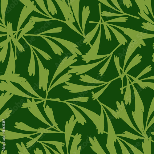 Herbal random seamless nature pattern with doodle leaves silhouettes. Green background. Simple style.