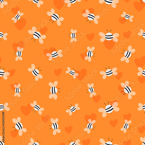 Seamless pattern with bees and hearts on color background. Small wasp. Vector illustration. Adorable cartoon character. Template design for invitation  cards  textile  fabric. Doodle style.