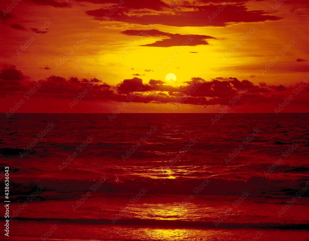 sea, sunset, horizon, evening, sunset red, cloudy mood, mood, evening mood, colour filter red, 
