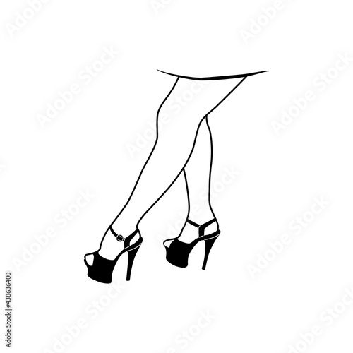 Vector illustration of female feet. High heel shoes. Black silhouette isolated on white background. Design for logo, print, poster, banner, label, clothing, bag, card. Laconic graphic concept.