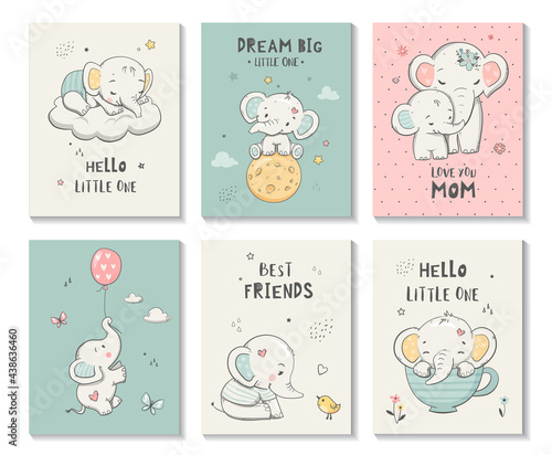 Cute cards with little elephant, vector characters set, posters for kids room, baby shower, greeting card, t-shirt prints. Hand drawn nursery illustration.