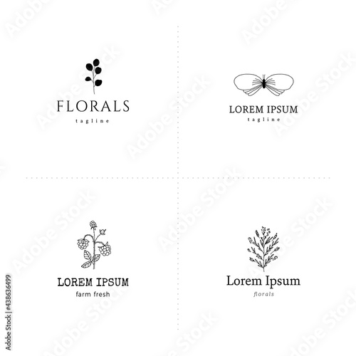 Set of logo templates with florals and summer hand drawn vector illustrations.