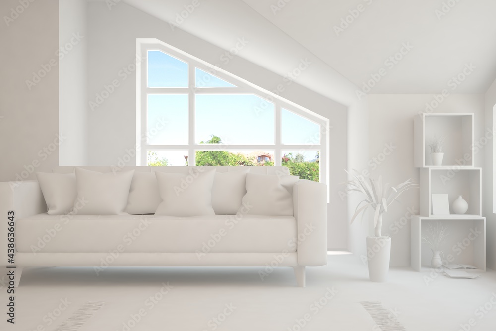 Mock up of stylish room in white color with sofa and green landscape in window. Scandinavian interior design. 3D illustration Mock up of stylish room in white color with sofa and green landscape in window. Scandinavian interior design. 3D illustration
