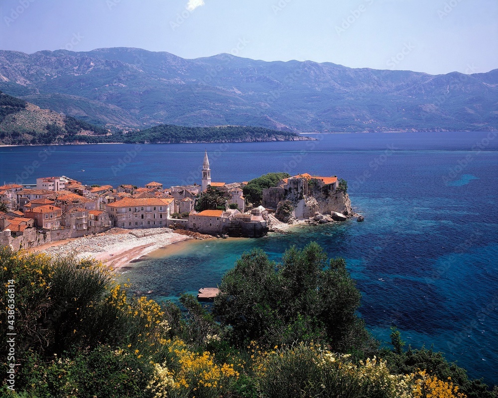 yugoslavia, montenegro, budva, city overview, sea, town, old town, summer, coast, coastal landscape, church, 