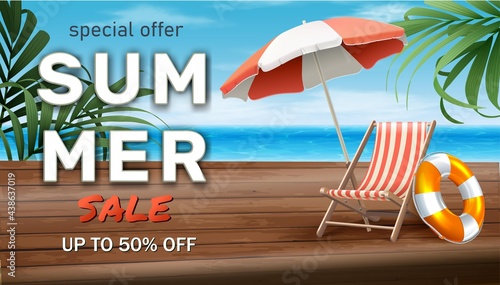 Vector summer sale background with sun bed and umbrella on the seaside beach background.