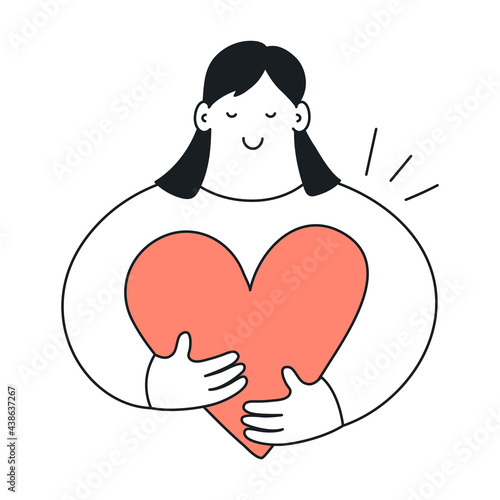 Cute cartoon woman holding a big red heart. Love, help, charity, health and care concept. Thin line vector illustration on white.