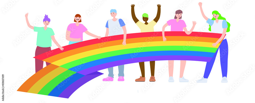 Gay pride parade. LGBTQ rights concept. A group of people dressed in colourful clothes holding a giant rainbow pride flag. Flat style editable vector illustration Gay pride parade. LGBTQ rights concept. A group of people dressed in colourful clothes holding a giant rainbow pride flag. Flat style editable vector illustration