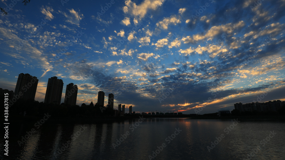 Evening scenery of waterfront city, North China