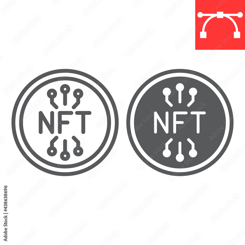 NFT coin line and glyph icon, unique token and blockchain, non fungible token vector icon, vector graphics, editable stroke outline sign, eps 10. NFT coin line and glyph icon, unique token and blockchain, non fungible token vector icon, vector graphics, editable stroke outline sign, eps 10.