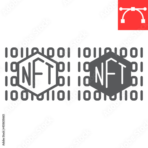 NFT code line and glyph icon, unique token and non fungible token, NFT vector icon, vector graphics, editable stroke outline sign, eps 10.