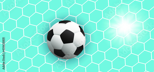 Goal net texture for ball in goal with sun rays. Blue sky. Soccer ball or football net pattern.  Vector background banner. wk, ek play model. Sport finale or school, sports. 2021 © MarkRademaker