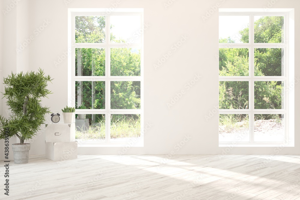 White empty room with summer landscape in window. Scandinavian interior design. 3D illustration White empty room with summer landscape in window. Scandinavian interior design. 3D illustration