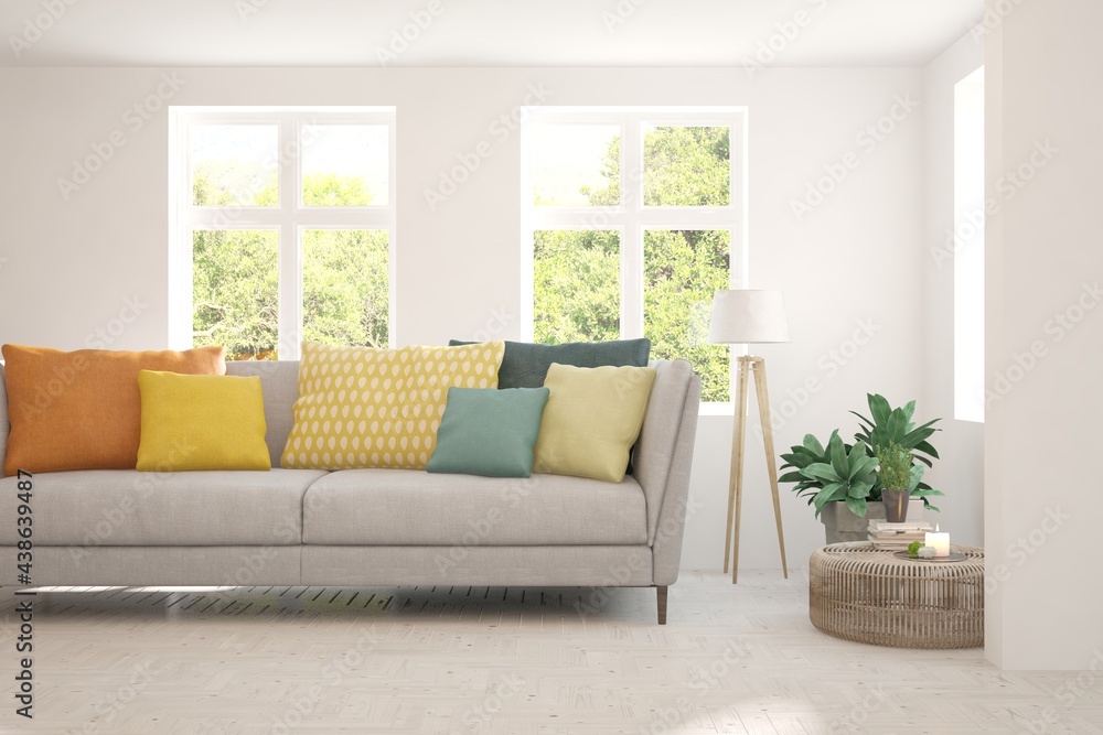 White living room with sofa and summer landscape in window. Scandinavian interior design. 3D illustration White living room with sofa and summer landscape in window. Scandinavian interior design. 3D illustration