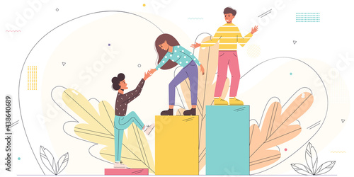 Vector illustration with young employees helping each other to climb the stairs. Teamwork, teambuilding and partnership concept. Modern flat illustration. EPS 10