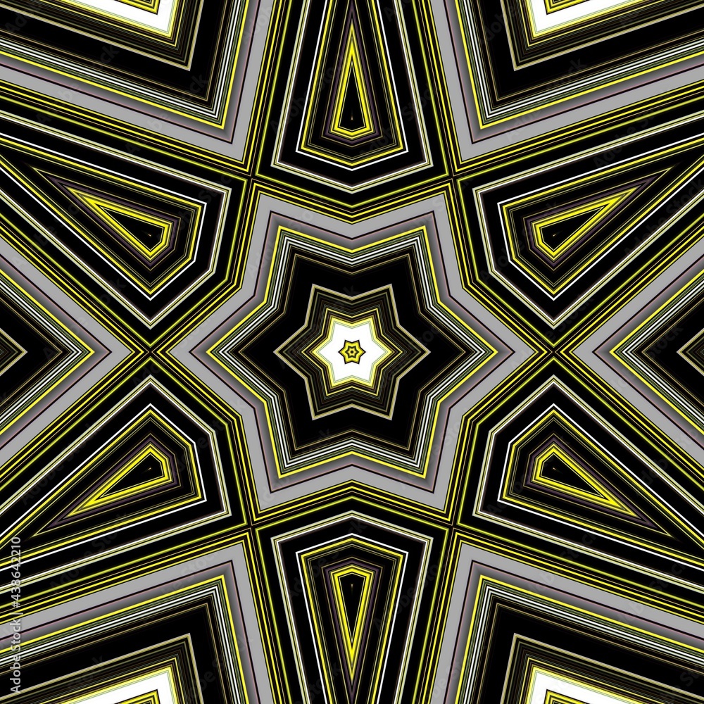 hexagonal kaleidoscopic pattern in yellow grey and gold  making floral fantasy