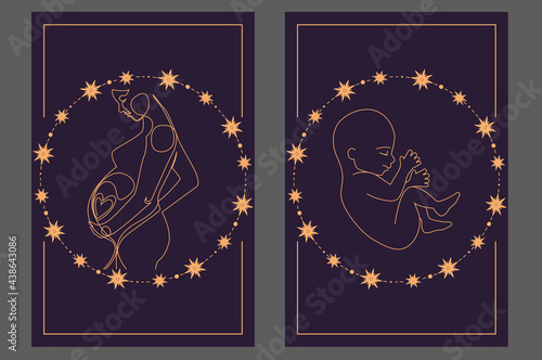 Magic banner, boho design. the birth of life  surrounded by stars on a dark blue background. Baby birth and pregnancy concept. Esoteric vector illustration, pattern. EPS10