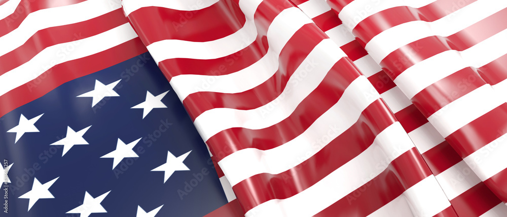 Close up of american USA flag for Memorial Day and waving in the wind, 4th of July Independence Day. - 3d Rendering