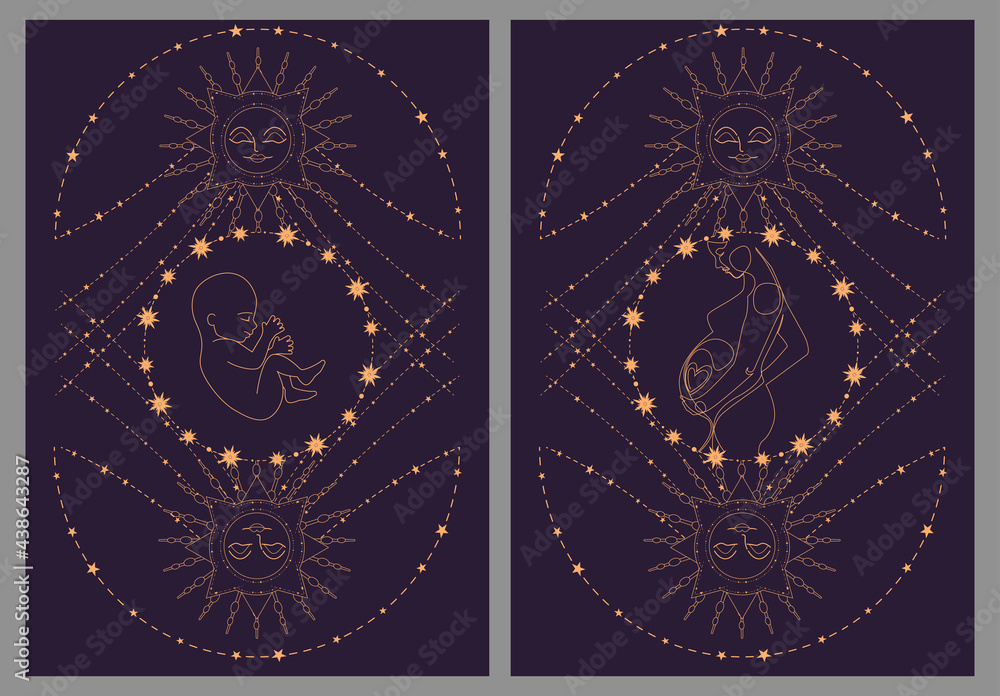 Magic banner, boho design. the birth of life with the sun surrounded by stars on a dark blue background. Baby birth concept. Esoteric vector illustration, pattern. EPS10 Magic banner, boho design. the birth of life with the sun surrounded by stars on a dark blue background. Baby birth concept. Esoteric vector illustration, pattern. EPS10