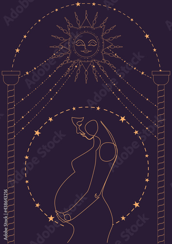 Magic banner, boho design. the birth of life with the sun surrounded by stars on a dark blue background. Baby birth and pregnancy concept. Esoteric vector illustration, pattern. EPS10