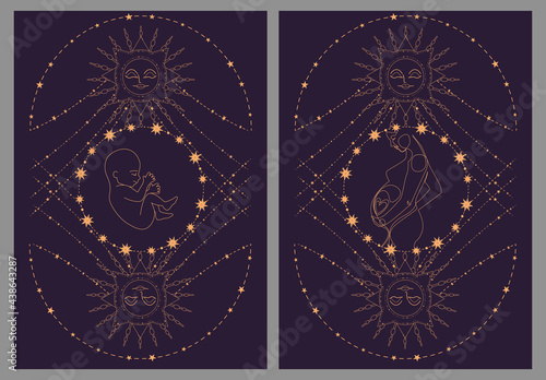 Magic banner, boho design. the birth of life with the sun surrounded by stars on a dark blue background. Baby birth concept. Esoteric vector illustration, pattern. EPS10