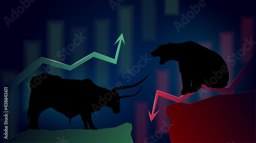 Confronting bullish trend versus bearish trend with up and down arrows on dark background. Blurred Japanese candles on background. Vector image.
