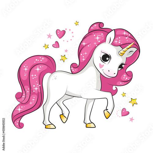 Cute little unicorn with pink mane greeting your. Isolated. Beautiful picture for your design.
