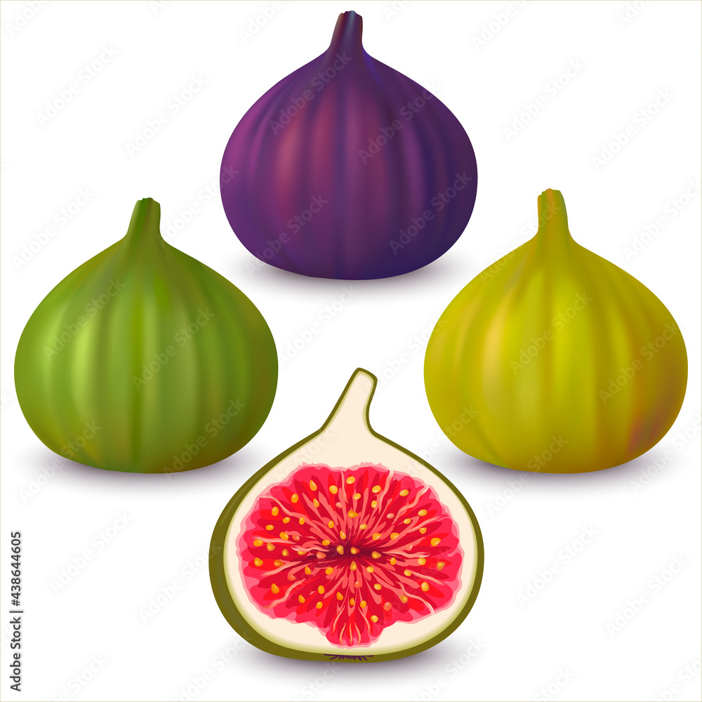 Fototapeta premium Set realistic green, yellow, violet whole and half cut figs on isolated on white background