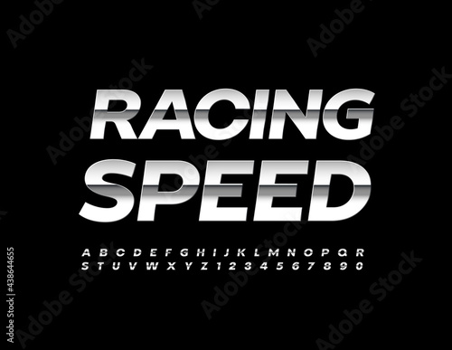 Vector modern sign Racing Speed. Shiny metallic Font. Aluminum Alphabet Letters and Numbers set