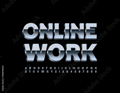 Vector digital concept Online Work. Shiny silver Font. Set of 3D metallic Alphabet Letters and Numbers