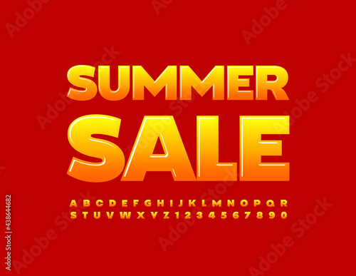 Vector bright Banner Summer Sale. Glossy Orange Font. Artistic Alphabet Letters and Numbers set