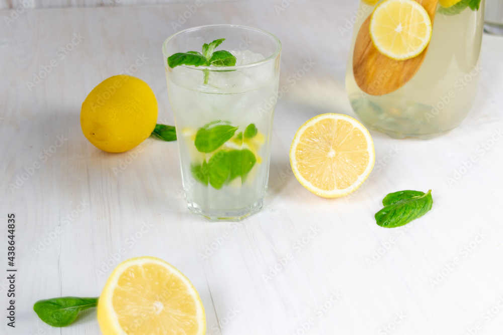 glass of refreshing lemon lemonade with mint and ice on white background glass of refreshing lemon lemonade with mint and ice on white background