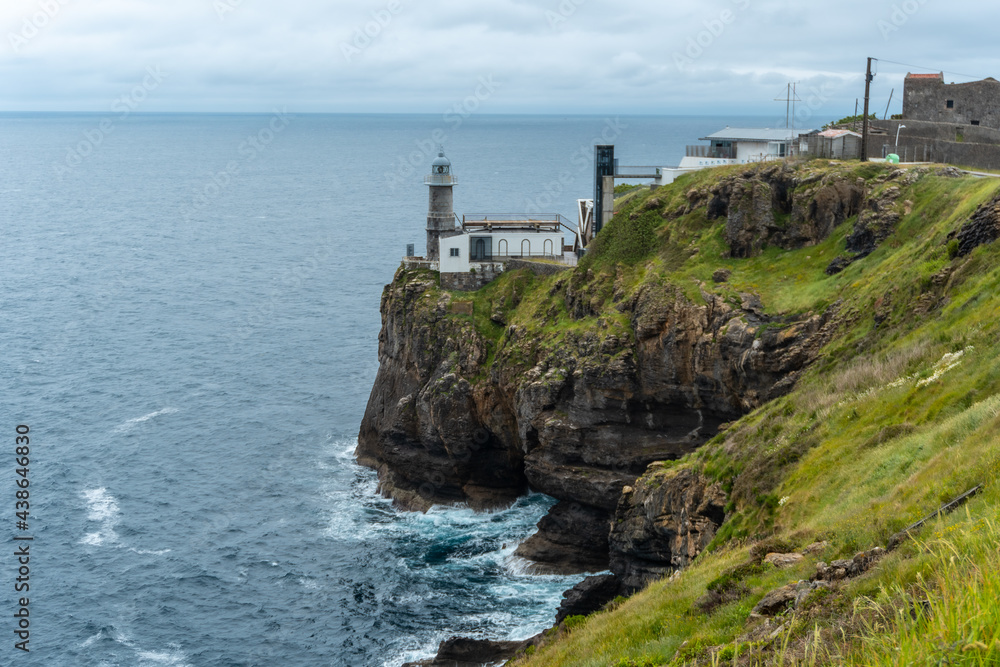 Santa Catalina de Lekeitio lighthouse and its beautiful cliffs on a cloudy spring morning, with the sea in the background, landscapes of Bizkaia. Basque Country