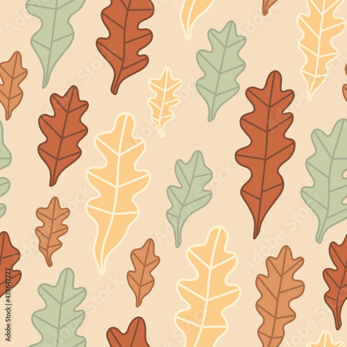 Oak leaves or seaweed. Vector doodle seamless pattern in autumn color. Hand drawn background for scrapbooking, greeting card, wrapping, wallpaper.