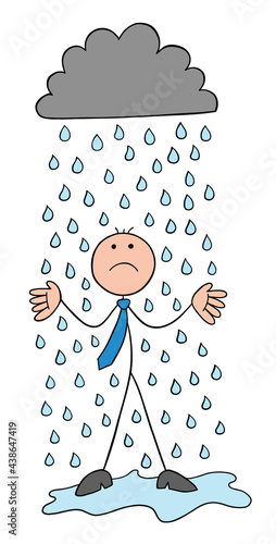 It's raining, stickman businessman character getting wet and unhappy, vector cartoon illustration