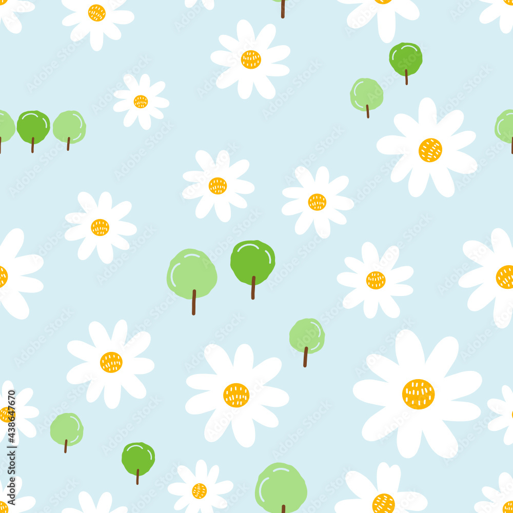 Obraz premium Seamless pattern with daisy flower and little tree cartoon on blue background vector illustration.